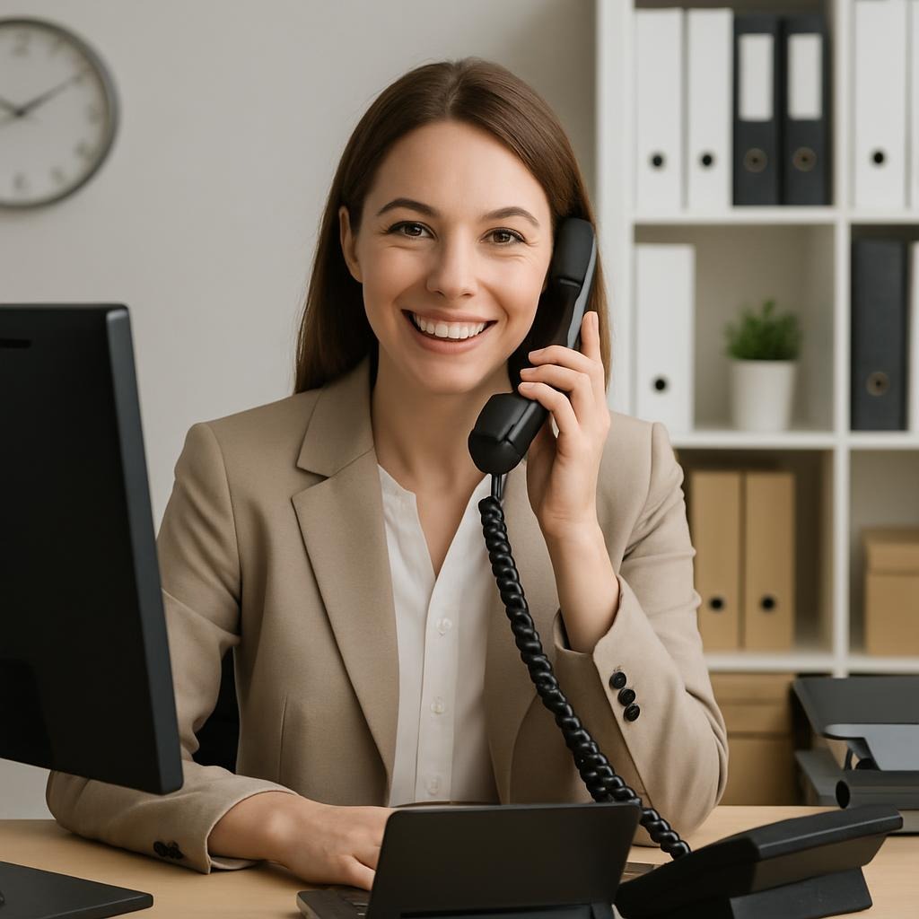 Foto della segretaria al telefono per contattare uno specialista contro muffa umidità pareti fredde DAKSI